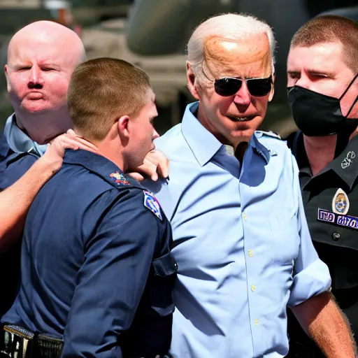 Prompt: Joe Biden in handcuffs being arrested by the USA military, hanging his head in shame