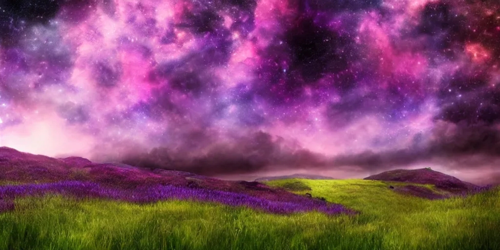 Prompt: An atmospheric scene of lush, purple, grass and a vibrant yet dark galaxy across the skies, hyper realistic, pintrest, deviant art, 8k, matte painting, high detail,