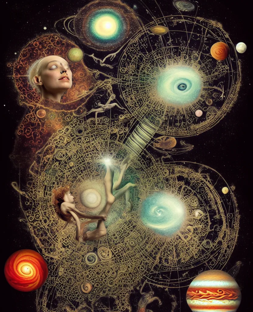 Image similar to inside the universe of a human body soul, whimsical uncanny creature alchemizes unique canto about'as above so below'being ignited by the spirit of haeckel and robert fludd, breakthrough is iminent, glory be to the magic within, to honor jupiter, surreal collage by ronny khalil