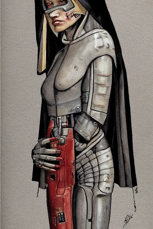 Image similar to portrait fashion model cyborg nun artwork by enki bilal