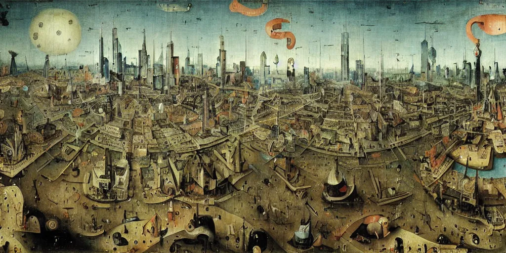Image similar to view of a crowded cyberpunk city painted by hieronymus bosch, highly detailed, intricate, landscape, art by hieronymus bosch