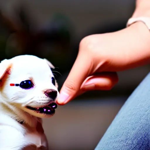 Image similar to a cyborg petting a tiny puppy, cute, hyperrealistic