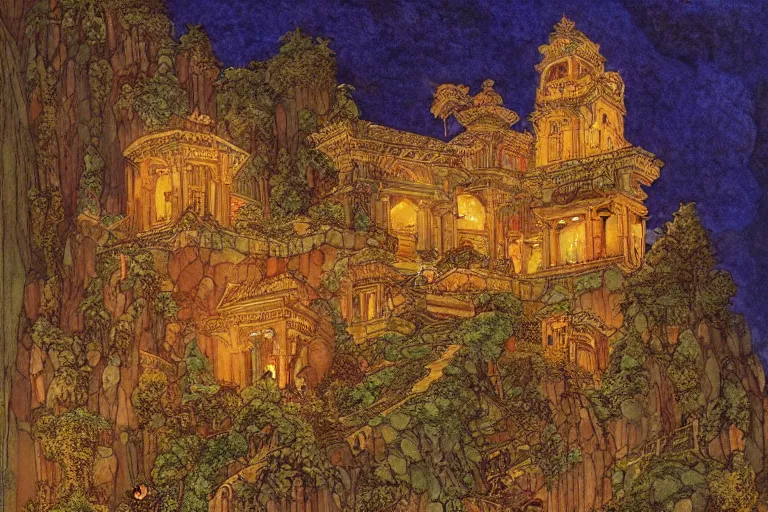 Image similar to ancient temple on a mountaintop at night | by Paul O. Zelinsky and Edmund Dulac and Donato Giancola | ornate carvings| climbing vines| rich color | dramatic cinematic lighting | extremely clear and detailed
