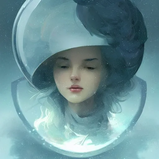 Image similar to a rainstorm inside a snowglobe. Beautiful colorful clouds in moody greys and blues. High quality digital art, trending on artstation by Artgerm and Greg Rutkowski and Alphonse Mucha