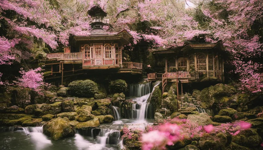 Prompt: a Sophia Coppola 35mm film still of a very surreal magical European castle style cabin with a bookstore cafe behind a lush waterfall, falling cherry blossoms pedals, in the style of Gucci and Wes Anderson glowing lights and floating lanterns, foggy atmosphere, rainy, moody, muted colors, magic details, very detailed, 8k, cinematic look