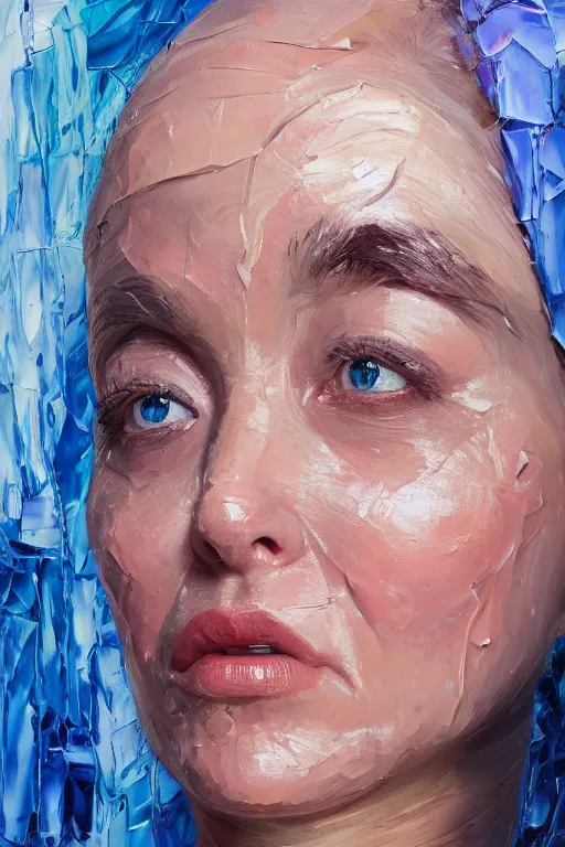 Image similar to palette knife oil painting portrait dr krystal knight, woman, late 4 0 s, eyes filled with icy hate, extreme detail, artstation trending, ice, cold, freezing, blue, artgerm, any racial background, deviant art, octane, substance, art history 8 k