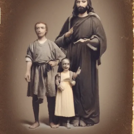 Prompt: old family photo of jesus christ with his brother lucario, hyperrealistic, vintage