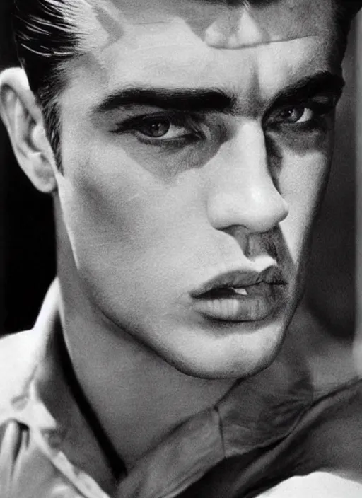 Image similar to genetic combination of james dean, elvis presley, sean connery, and boris karloff. gaunt, handsome, beautiful, striking, chiseled. prominent cheekbones, deep dimples, strong jaw.