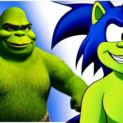 Prompt: the fusion of shrek and sonic the hedgehog