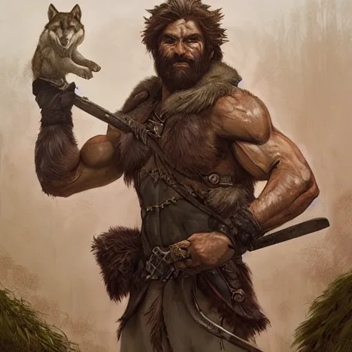 Image similar to portrait of a gruff ranger with wolf companion, muscular, upper body, hairy body, D&D, fantasy, intricate, elegant, highly detailed, digital painting, artstation, concept art, matte, sharp focus, illustration, art by Artgerm and Greg Rutkowski and Alphonse Mucha