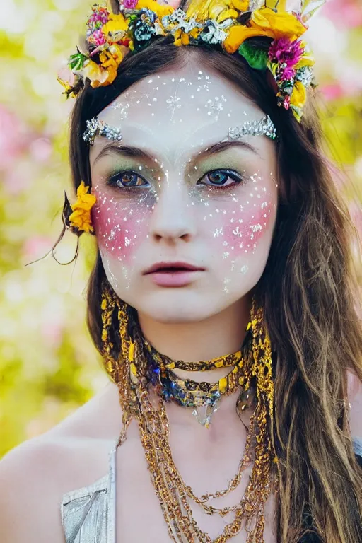 Image similar to light bohemian teen pinterest floral fantasy fashion zine photography, teen magical girl girl styled in a yellow and silver patterned bright dress layers geometric festival face paint and ornate crystal chain jewelry headpiece, elaborate enchanted ritual scene, wide shot