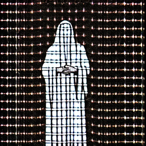 Image similar to vhs static overlay of marian apparition, vhs, 1 9 9 0, highly realistic, highly detailed, vhs noise static, black and white, vhs glitch