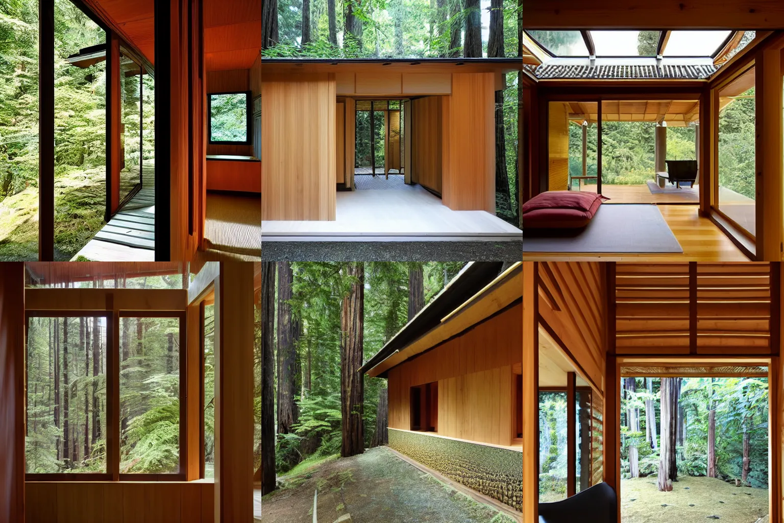 Prompt: shoji screen design of small swiss cottage inside a redwood forest