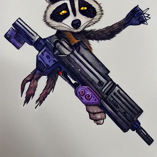 Prompt: racoon holding a laser gun, guardians of the galaxy style, centered award winning watercolor pen illustration, by caroline choi, edited by range murata