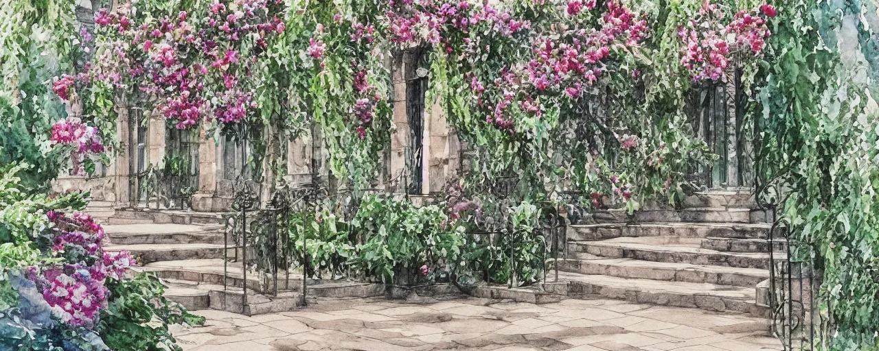 Prompt: wide angle, stairway, chairs, wrought iron gates, tree, delicate water in a botanic garden, garden road, temple in a botanical herbarium paper, watercolor colored painting, iridescent colors, realistic shaded, fine details, artstation, italian style, colonnade, huge flowers, architecture