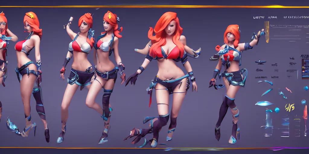 Prompt: Character sheet of pool party miss fortune (League of Legends). 3d unreal engine 5 trending on artstation