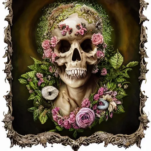 Image similar to a beautiful detailed front view rococo portrait of a rotten woman corpse becoming almost a skull with face muscles, veins, arteries, fractal plants and fractal flowers and mushrooms growing around, intricate, ornate, volumetric light, beautiful lit, beetlejuice