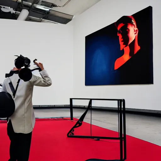 Prompt: art curator looking at a screen with a painting of virtualboy, recursive, on stage in the middle of a fashion show in the style of grand chamaco and stanley kubrick, inspired by y - 3, photorealistic, epic, super technical, cinematic still