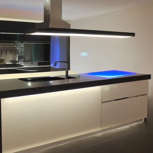 Image similar to modern kitchen with rgb led strip lighting, homes and gardens, super detailed render, award winning,