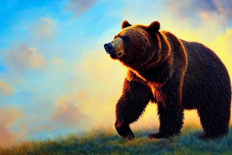 Image similar to bear, fantasy, painting, ultra realistic!!!, clear weather, golden hour, sharp focus