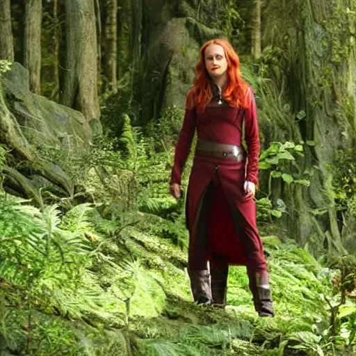 Image similar to movie still of alicia silverstone as frustrated sith mara jade on the forested mountain planet wayland in star wars episode vii : heir to the empire