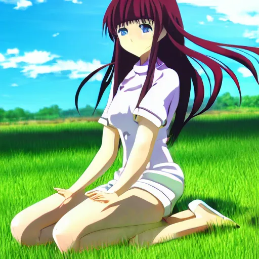 Prompt: 3 d photo of an anime girl with long hair kneeling down, reaching down to touch grass, bokeh, shader, anime art style, highly detailed, cel - shaded, colorful, animated, trending