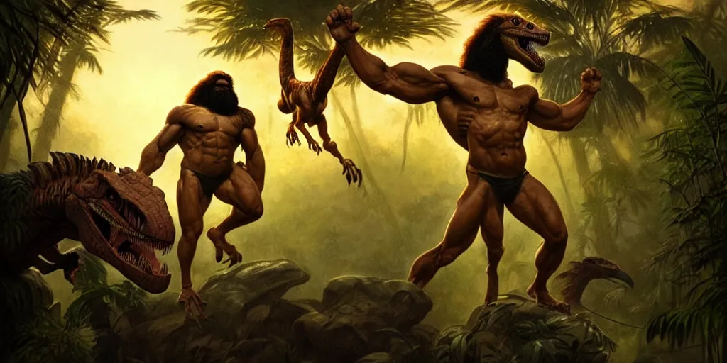 Image similar to a muscular caveman, heroic pose, with a velociraptor, in the jungle, sunset, volumetric light,, eerie, highly detailed, digital painting, artstation, concept art, matte, sharp focus, illustration, art by artgerm and greg rutkowski and alphonse mucha