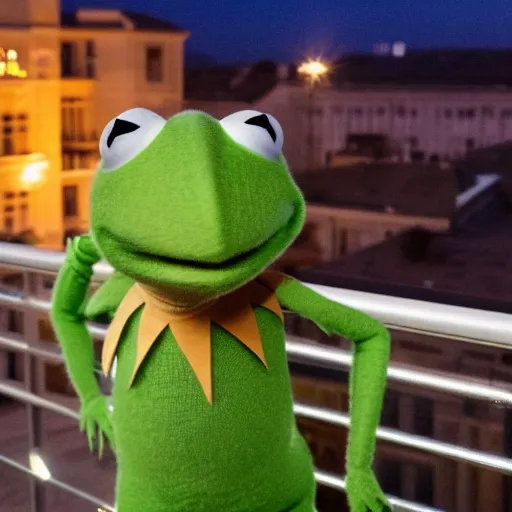 Image similar to kermit from the balcony at night