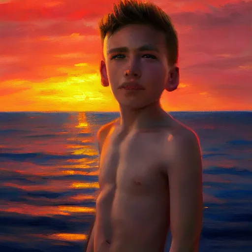 Image similar to an influencer boy portrait, sunset, ocean in distance, oil painting, pale colors, high detail, 8 k, wide angle, trending on artstation,