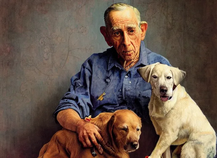 Prompt: high quality high detail painting by norman rockwell, hd, old man with is dog, muted pastel colors, photorealistic lighting