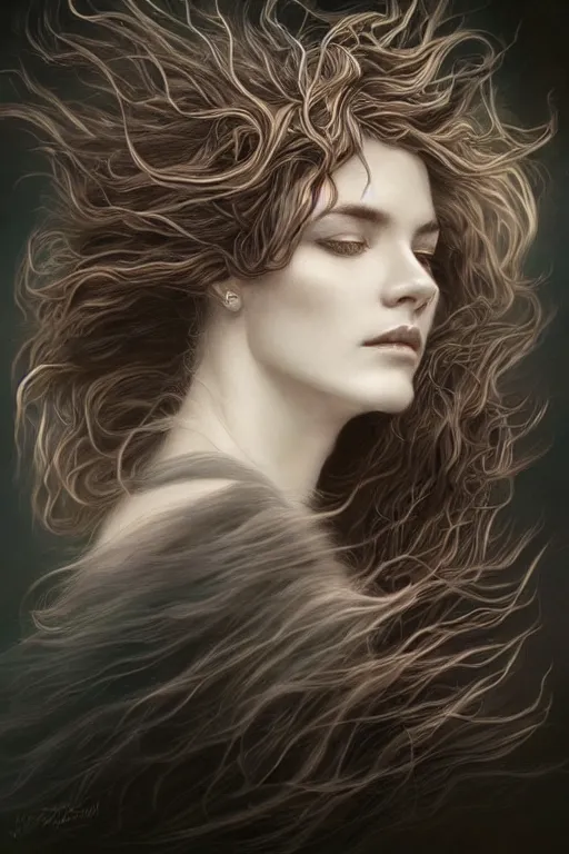 Image similar to wind blowing hair up!!! meditation trance! a celestial surreal creature, dreaming of the void, bust portrait, dnd, fantasy, intricate, elegant, highly detailed, digital painting, artstation, concept art, smooth, sharp focus, illustration, art by artgerm and tom bagshaw and greg rutkowski and alphonse mucha