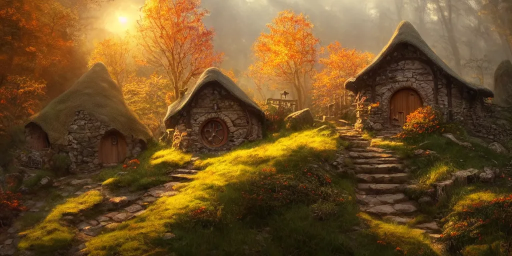 Image similar to a hobbit cottage on top of a steep hill, greg rutkowski, zabrocki, moebius, karlkka, jayison devadas, highly detailed, autumn sunlights, smoky atmosphere, ( ray of sunlight ), trending on artstation, 8 k, ultra wide angle, zenith view, pincushion lens effect