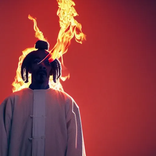 Image similar to cinematic film still of Snoop Dogg starring as a Samurai holding fire, Japanese CGI, VFX, 2022, 40mm lens, shallow depth of field, film photography