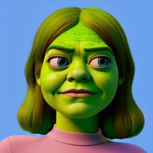 Image similar to Emma Stone as a female version of Shrek, she has shrek nose, ears features, with green skin, fully detailed, high quality , 4k , octane render , soft lightening , masterpiece