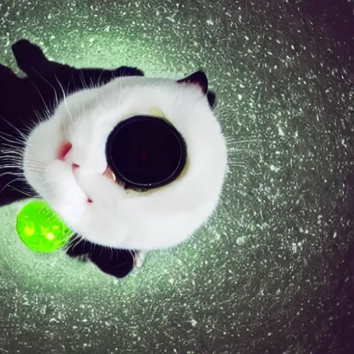 Image similar to white and black cat with green eyes setting planet earth on fire, fisheye lens, paws on top of planet