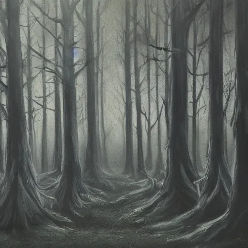 Prompt: haunted forest, eerie, glowing, shadowy, oil painting high detail