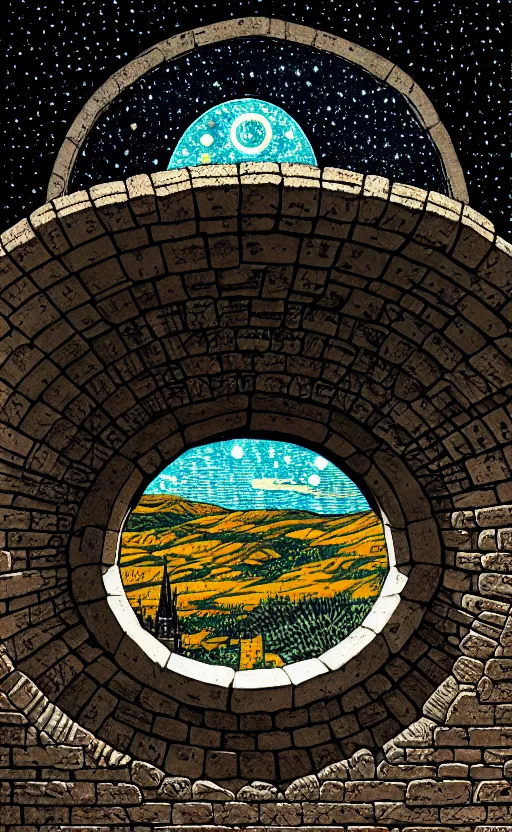 Image similar to stone brick wall inside of a castle, round window looking out to the starry night sky laboratory, high details, intricately detailed, by vincent di fate, inking, 3 color screen print, masterpiece, trending on artstation,, sharp, details, hyper - detailed, hd, 4 k, 8 k