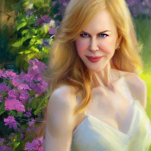 Image similar to closeup portrait of nicole kidman in the garden, evening, highly detailed, ultrarealistic oil painting, vladimir volegov, artstation