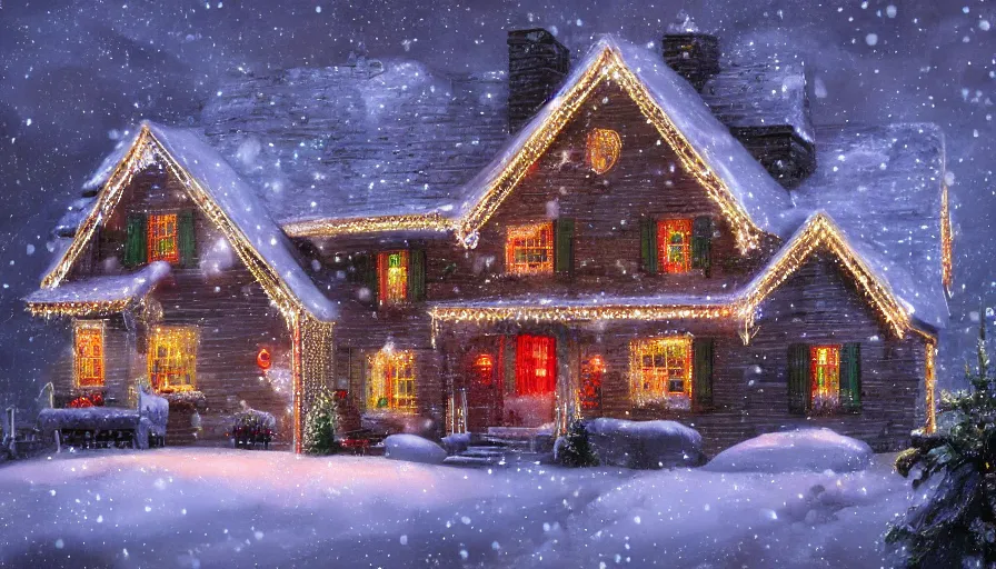 House lit with Christmas light built in a giant snowy | Stable Diffusion