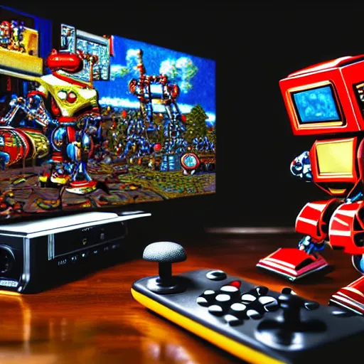 Prompt: an elaborate robot holding a retro game controller in its hand, on screen video game shown in background, intricate details, hyperrealistic oil painting on canvas, deep depth field, hd, hdr, 4 k, 8 k,