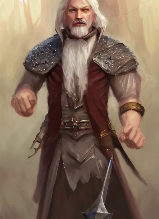 Image similar to tristan fulcher livedoce young man with short white fringe white hair and moustache, dndbeyond, bright, colourful, realistic, dnd character portrait, full body, pathfinder, pinterest, art by ralph horsley, dnd, rpg, lotr game design fanart by concept art, behance hd, artstation, deviantart, hdr render in unreal engine 5