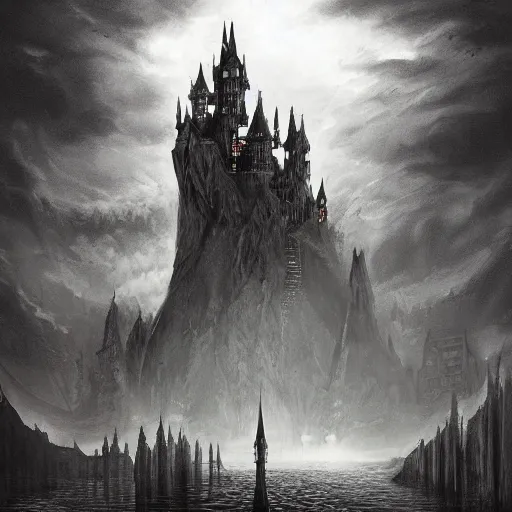 Prompt: a gigantic tall towering surreal elaborate dark gothic stone castle built over a lake at midnight with a second upside-down castle looming in the clouds above it, illustration by Ayami Kojima, dramatic lighting, concept art, hyperdetailed, 4k