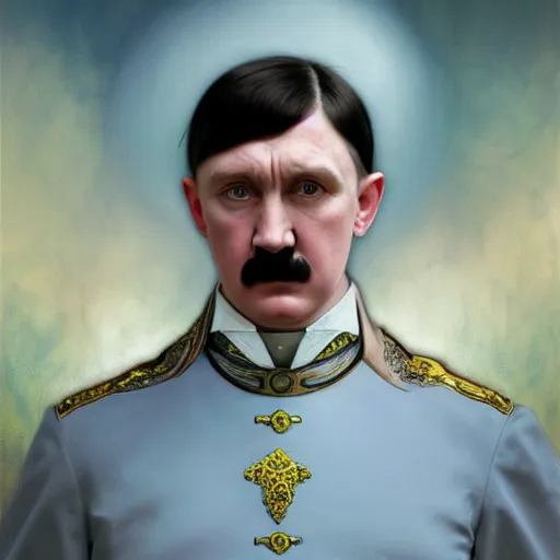Image similar to Portrait of magical Adolf Hitler, very very very very pale white skin, dreamy and ethereal, pastel blue eyes, peaceful expression, ornate frilly regal shirt, fantasy, intricate, elegant, dynamic lighting, highly detailed, digital painting, artstation, concept art, smooth, sharp focus, illustration, art by artgerm and greg rutkowski and alphonse mucha
