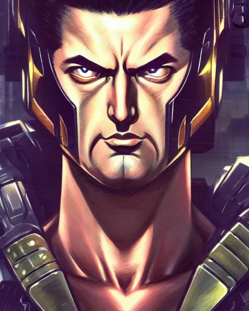 Image similar to well drawn animation portrait Anime 1940s Stallone Judge Dredd Sharp fine face, realistic shaded Perfect face, fine details. Anime. cyberpunk realistic shaded lighting by katsuhiro otomo ghost-in-the-shell, magali villeneuve, artgerm, rutkowski Jeremy Lipkin and Giuseppe Dangelico Pino and Michael Garmash and Rob Rey