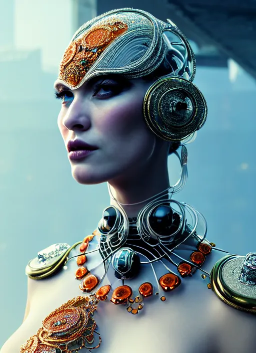 Prompt: absurdly beautiful, graceful, sophisticated, fashionable cyberpunk mechanoid carying perfume, by irakli nadar and alexandre ferra, intricate linework, white porcelain skin, faberge, coral headdress, unreal engine 5 highly rendered, global illumination, radiant light, detailed and intricate environment