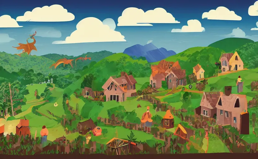 Image similar to some villagers busy farming in a small village in a valley, a dragon approaching from a distance, vector, storybook, muted colors, gouache, flat poster, sharp edges, print