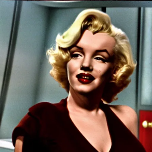 Image similar to movie film still of Marilyn Monroe as Deanna Troy in a new Star Trek The Next Generation movie, cinematic