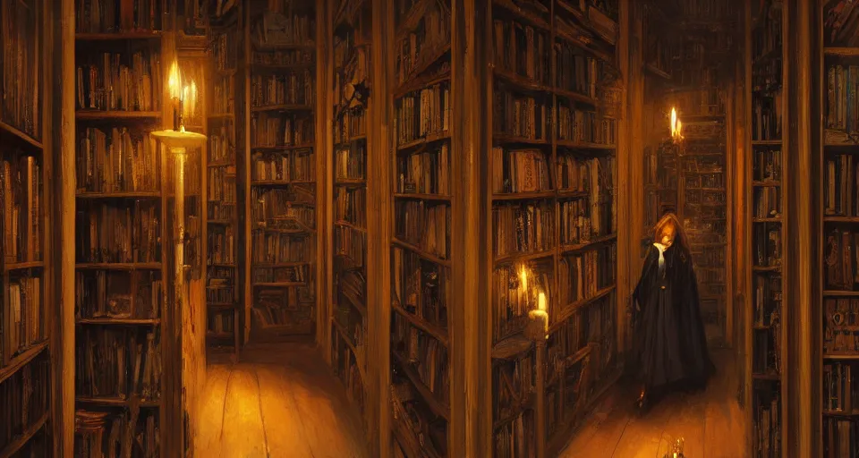 Image similar to Stefan Koidl's painting of a long dark creepy victorian corridor with bookshelves everywhere and two candles. 4k, octane, digital painting, artstation, concept art, sharp focus, illustration, art by artgerm and greg rutkowski and alphonse mucha.