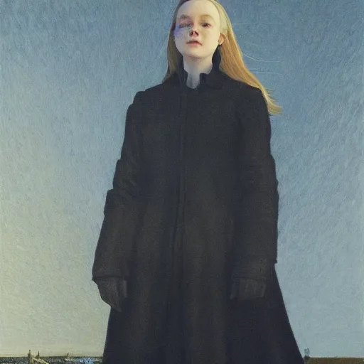 Prompt: Elle Fanning in a black coat, religious masterpiece portrait, oil on canvas, golden hour, in the world of Andrew Wyeth and Bloodborne, artstation, by Jean Giraud Moebius,