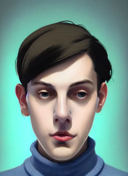 Image similar to portrait of teenage jughead jones wearing a light grey crown, crown, blue turtleneck, 1 9 5 0 s, closed eyes, photorealistic, black hair, glowing lighting, intricate, elegant, glowing lights, highly detailed, digital painting, artstation, concept art, smooth, sharp focus, illustration, art by wlop, mars ravelo and greg rutkowski